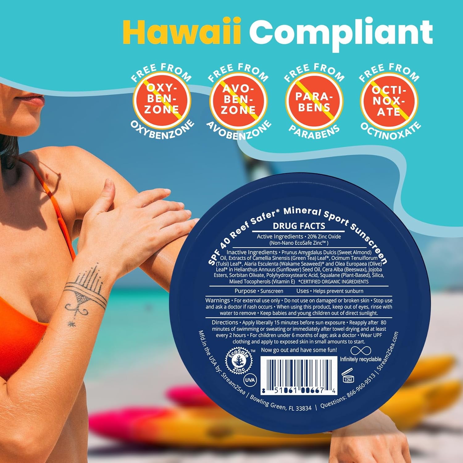STREAM2SEA SPF 40 Mineral Sport Sunscreen for Face & Body, Reef Safe Sunscreen Travel Size - 2.8 oz