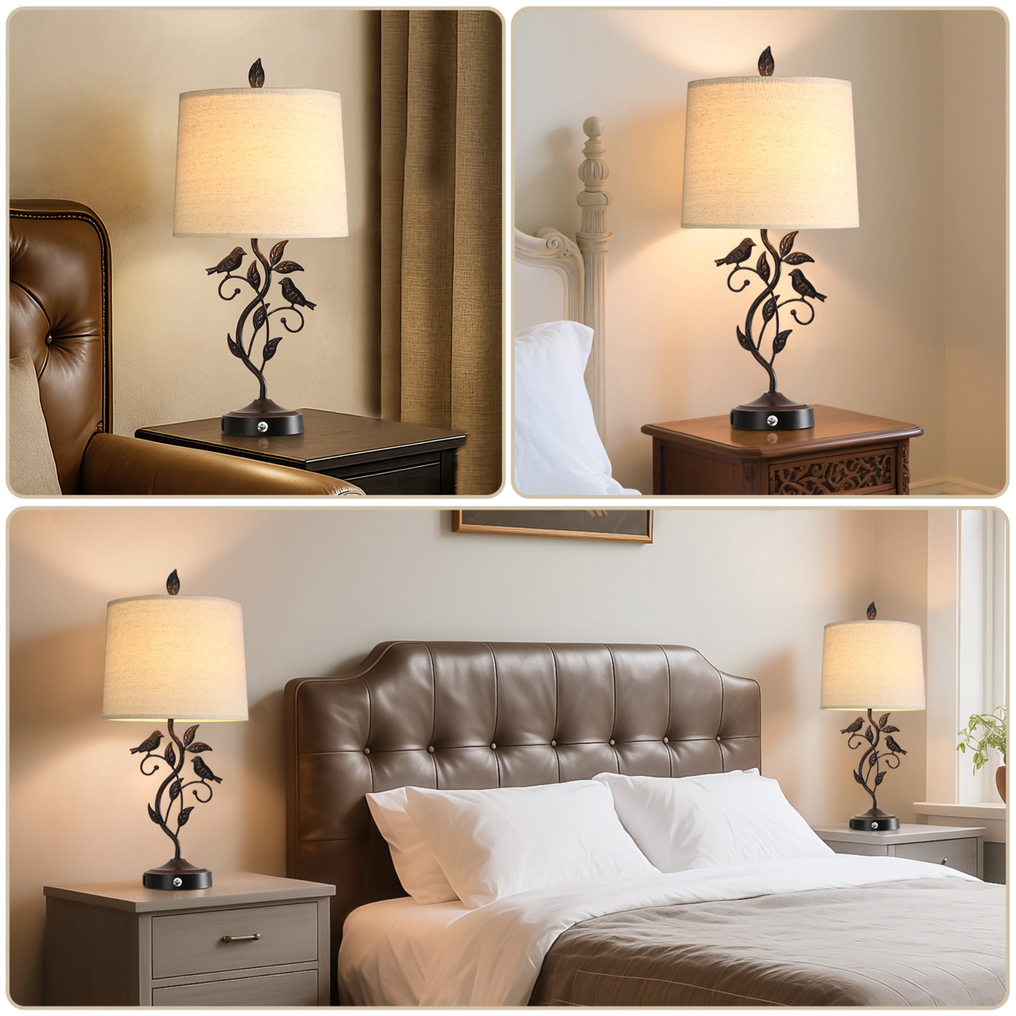 JUJUYUYOP 27"Rustic-Style Black Table Lamps Set of 2, with Dual USB Charging Ports and Linen Shades, Perfect for Bedside Tables, Living Rooms, and Home Offices