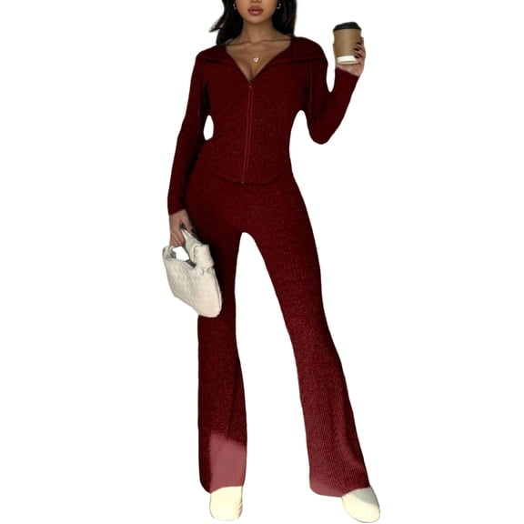 Women Two Piece Outfit Long Sleeve V Neck Top and Flare Pants Casual Lounge Sets Tracksuit Deep Red XL