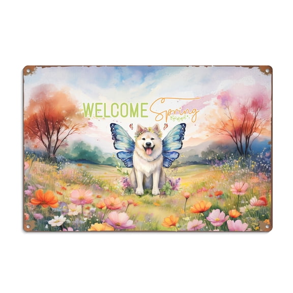 Welcome Spring Fairy Akita in Flower Meadow Horizontal Metal Aluminum Sign Inu Dog Lover Wall Art Home Decor - 13002