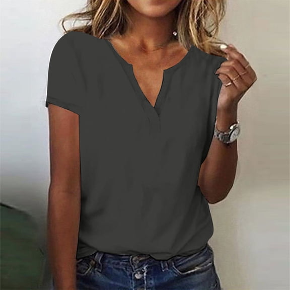 Blmnix Spring Womens Tops Trendy Gray Short Sleeve Basic Loose V Neck Solid T-Shirts Casual Shirts