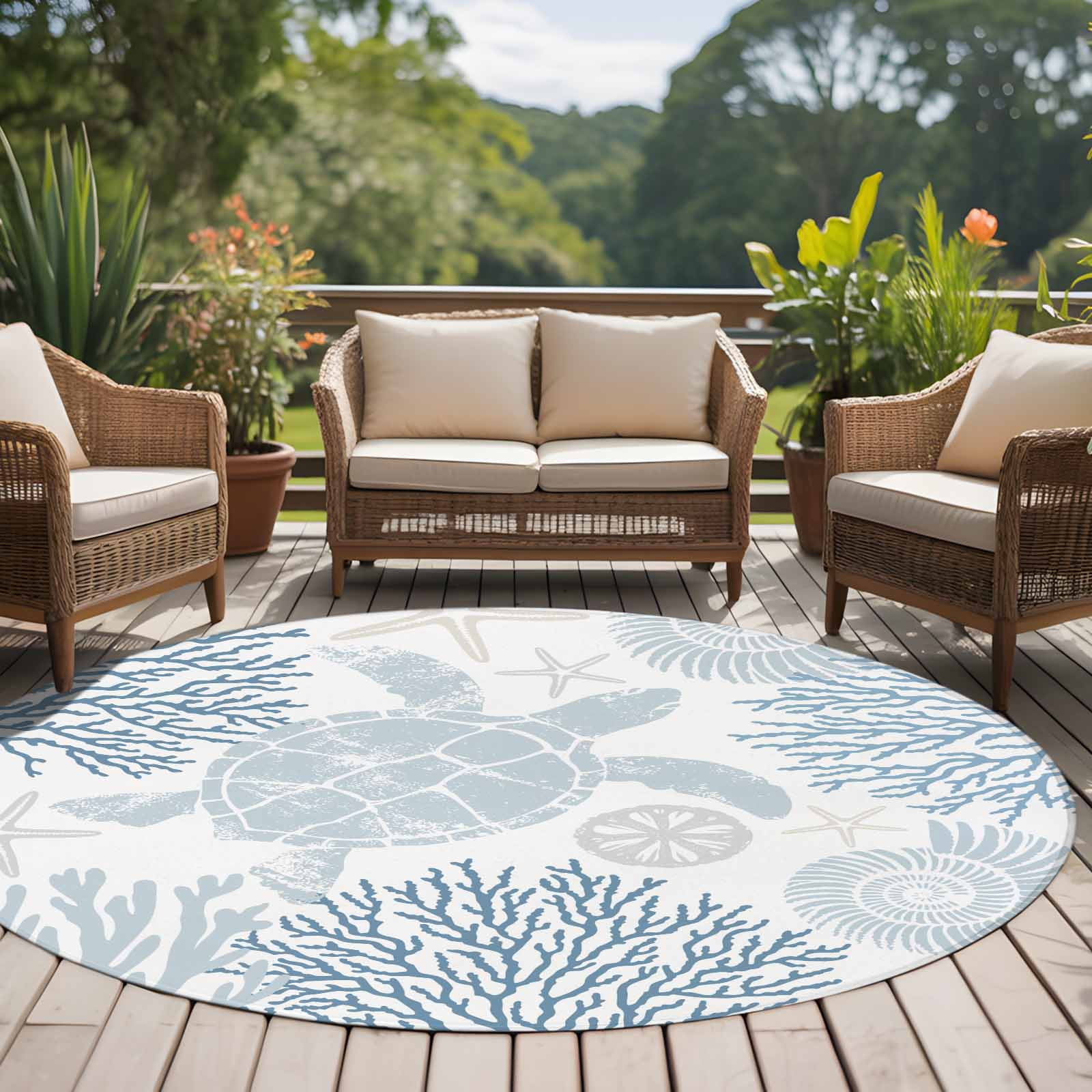 Blue Sea Turtle Round Rugs 6ft, Coastal Coral Summer Beach Nautical Non Slip Washable Rug Runner, Low Pile Indoor Floor Carpet Mat Bathroom Rugs for Living Room, Bedroom, Kids Room