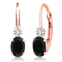 Gem Stone King 18K Rose Gold Plated Silver Black Onyx and White Diamond Leverback Earrings for Women (0.87 Cttw, Gemstone December Birthstone, Oval 6X4MM, Round 2MM, 3/4 inch)