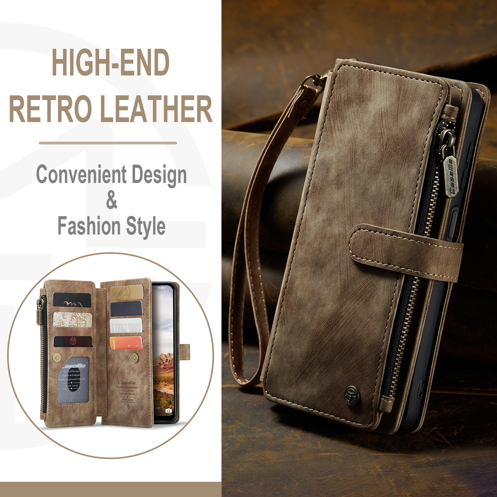 Dteck Wallet Case for Samsung Galaxy S25 Ultra,Magnetic Retro Leather Case Flip Folio Zipper Purse with Card Holder Slot Kickstand Shockproof Phone Cover for Samsung Galaxy S25 Ultra 5G,Brown