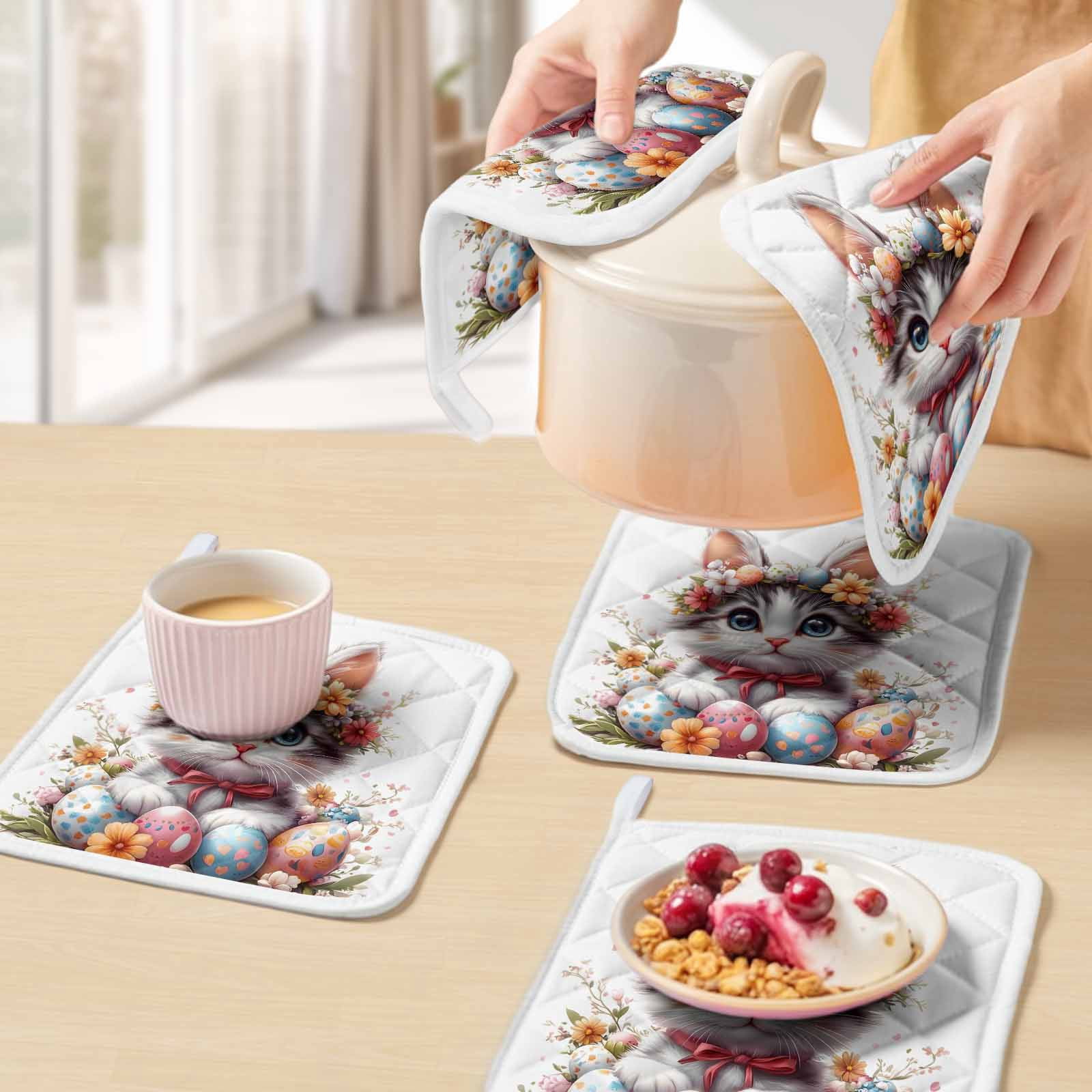 Easter Cat Pot Holders for Kitchen Heatproof Potholder, 5 Pack Cute Spring Flower Cartoon Eggs Boho Botanical Hot Pads Multipurpose Oven Pads Cloth Potholders Trivet for Cooking Baking