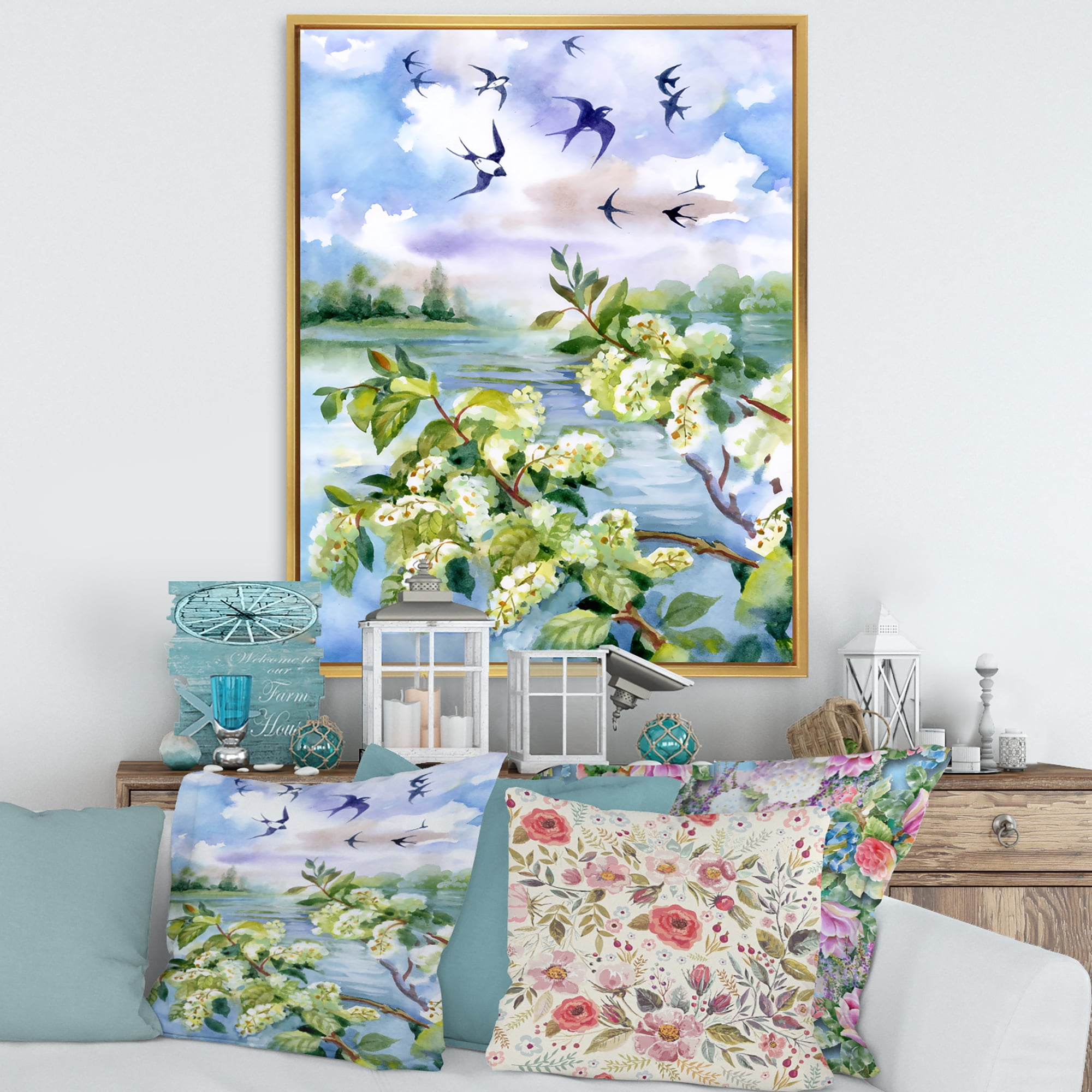 Designart 'Flowers of The Cherry Blossoms On A Spring Day Landscape' Traditional Framed Canvas Wall Art Print