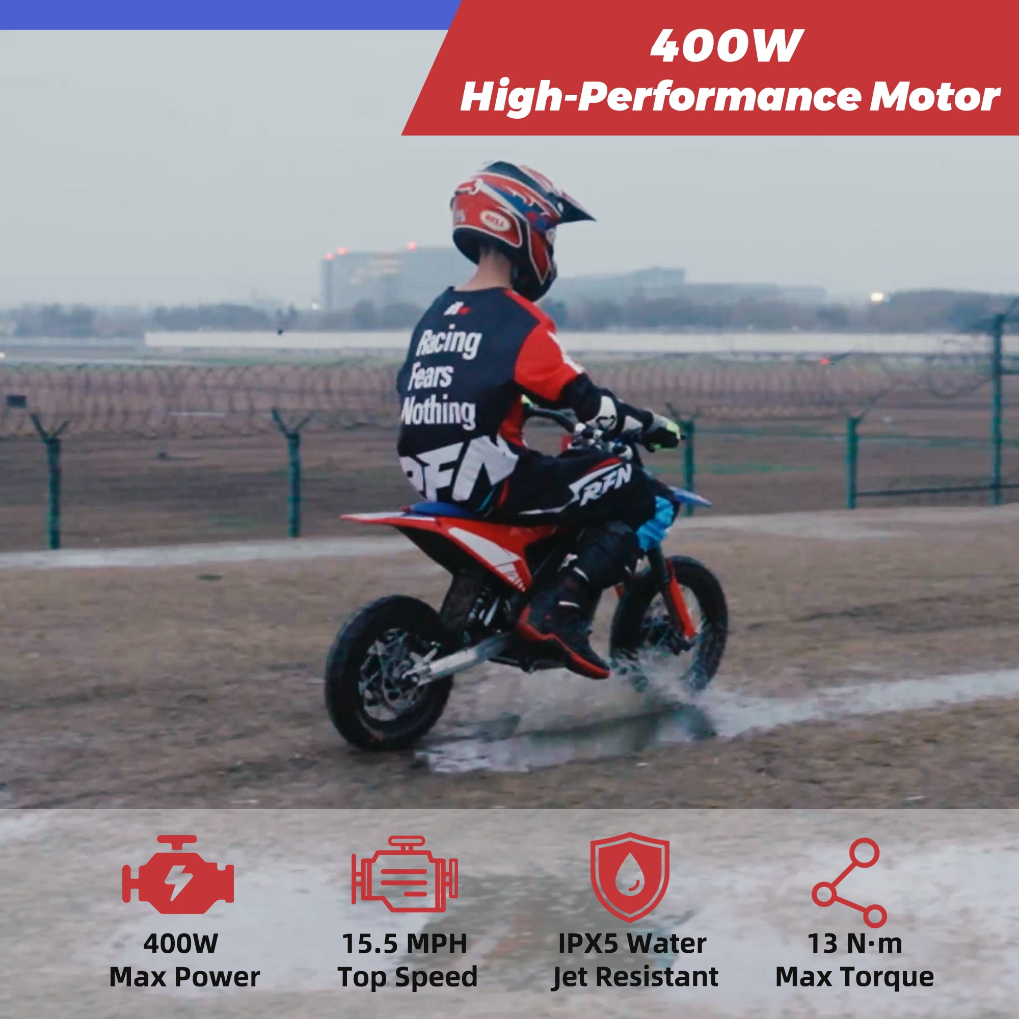 RFN Warrior Kids250 36V Electric Dirt Bike for Kids, 400W Peak Brushless Off-Road Bike, 3-Speed Modes, 15.5 MPH Max Speed, 11.2-Mile Range, 12" Tires