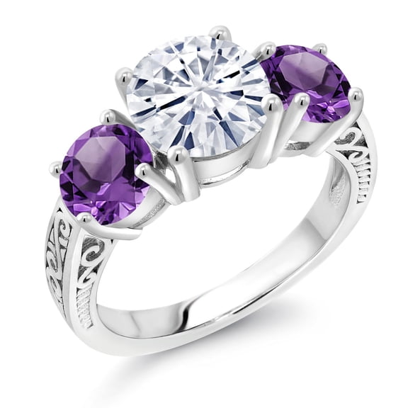 Gem Stone King 925 Sterling Silver White Moissanite and Purple Amethyst Engagement Ring for Women | 3.90 Cttw | Round 8MM | Gemstone Birthstone | Size 7