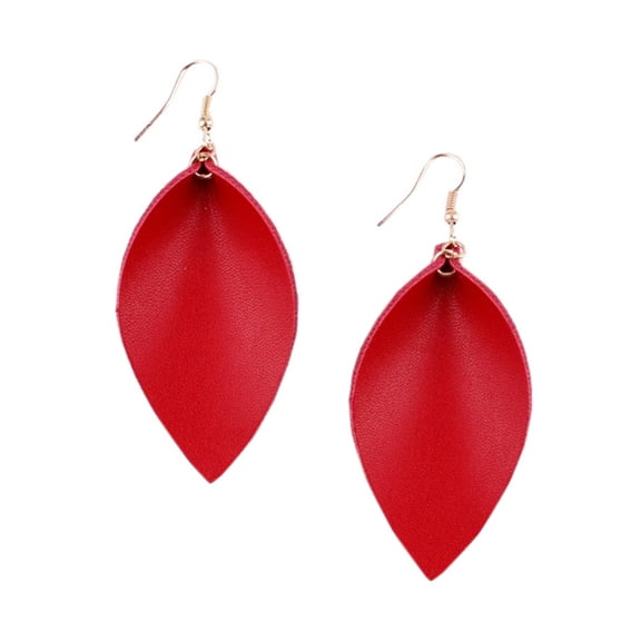 Women Handmade Lightweight Bohemian Leaf Drop Leather Earrings (Red)