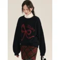 thumbnail image 2 of Suéter de punto con lazo bordado y gráfico de ADAgirl para mujer, jersey negro de cuello redondo, ropa vintage de manga larga para invierno y Navidad, 2 of 5