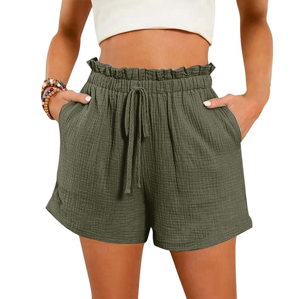 MKLEKYY Pantalones Cortos de Playa Holgados con Bolsillo y Cintura Alta de Color Liso para Mujer, Moda de Primavera y Verano