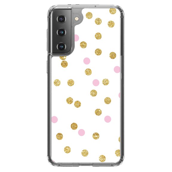 DistinctInk Clear Shockproof Hybrid Case for Galaxy S21 5G (6.2" Screen) - TPU Bumper, Acrylic Back, Tempered Glass Screen Protector - Pink & Gold Print - White / Pink / Gold Dots