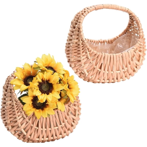Triani 2Pcs Wicker Rattan Flower Baskets with Handle Wedding Flower Basket Sturdy Picnic Basket Willow Basket for Home Wedding Decor Photo Props(Brown)