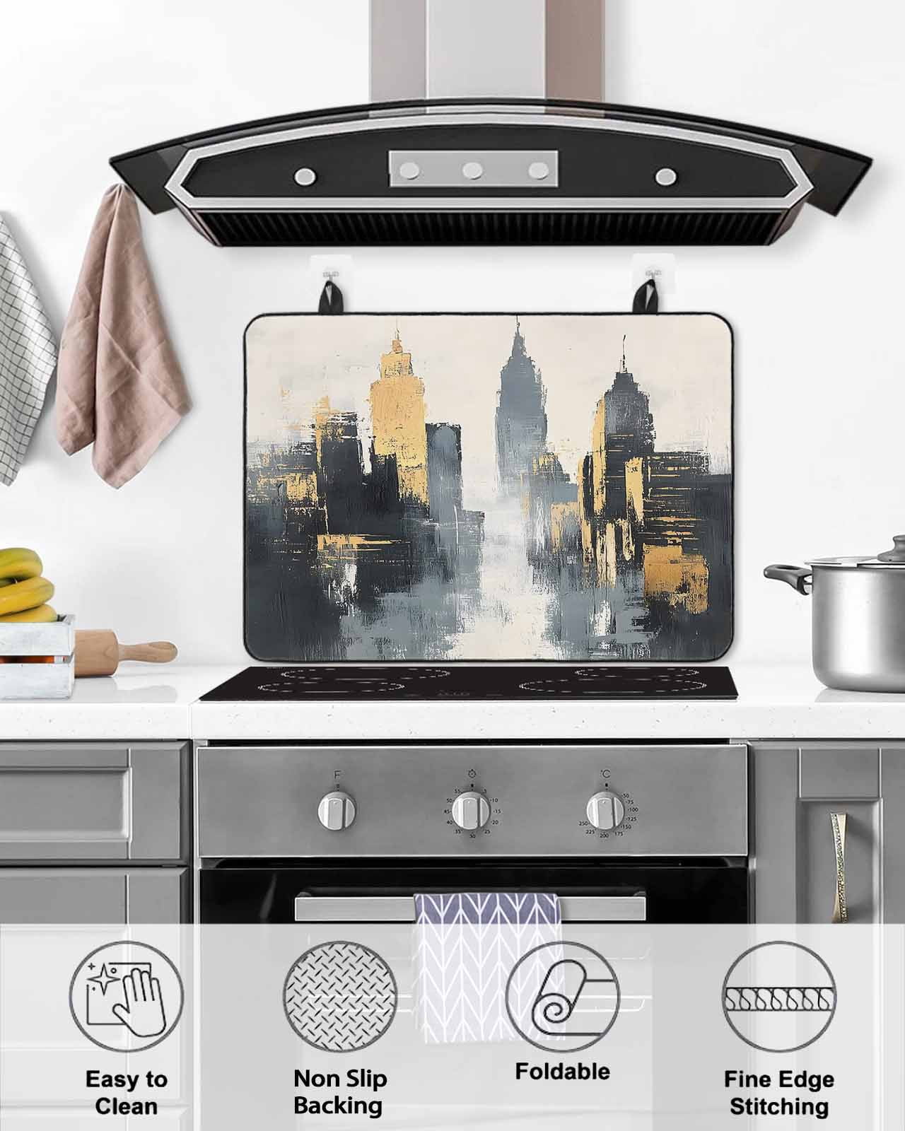 nqOlkjepod Large Induction Cooktop Protector Mat 24"x21", Abstract City Stove Top Covers for Electric Stove, Retro Chic Abstract Building Oil Painting Stove Burner Cover Mats, Glass Top Stove Cover