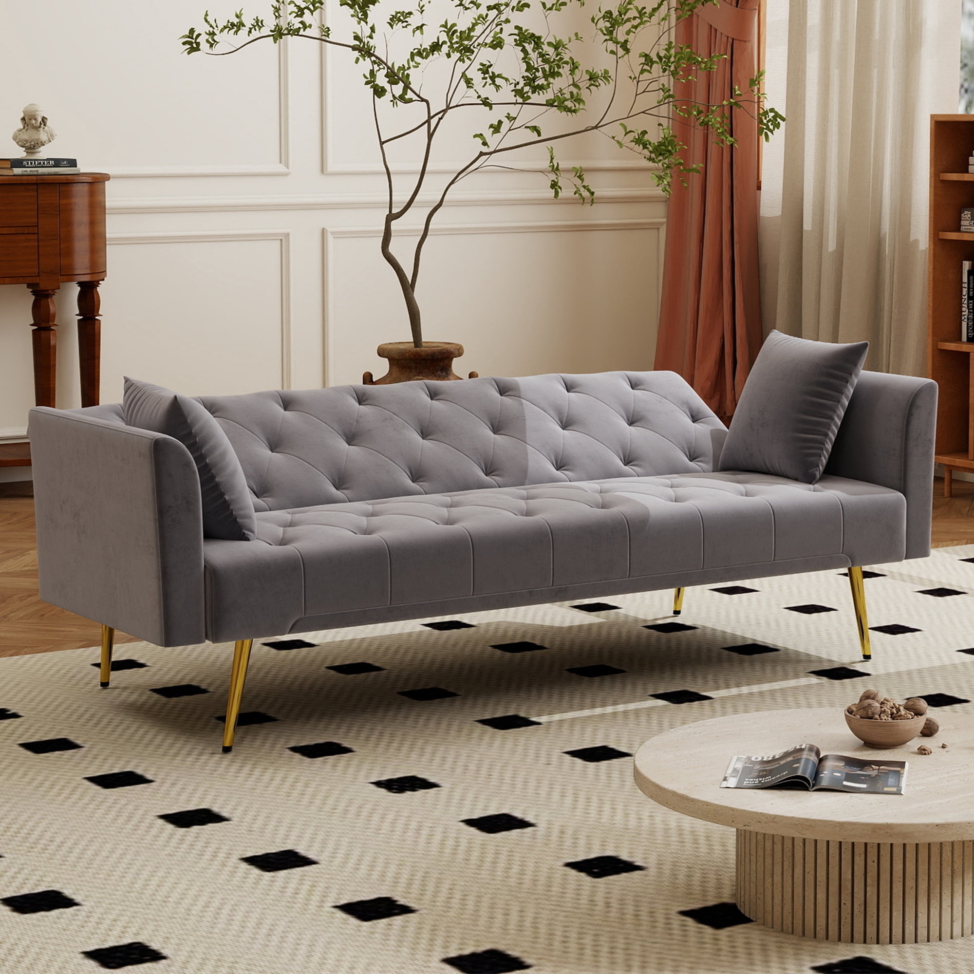 Aukfa 72" Tufted Futon Convertible Sofa Bed for Home Office, 2 Pillows, Velvet, Gray