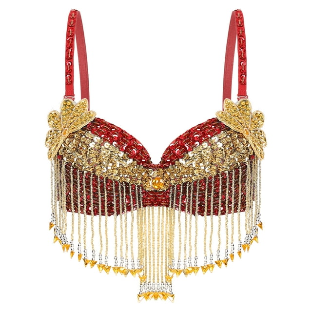 Raenseen Haut Court de Danse du Ventre pour Femme Bretelles Ajustables Franges Paillettes Soutien-Gorge Dos Nu Boîte de Nuit Rouge Taille Unique