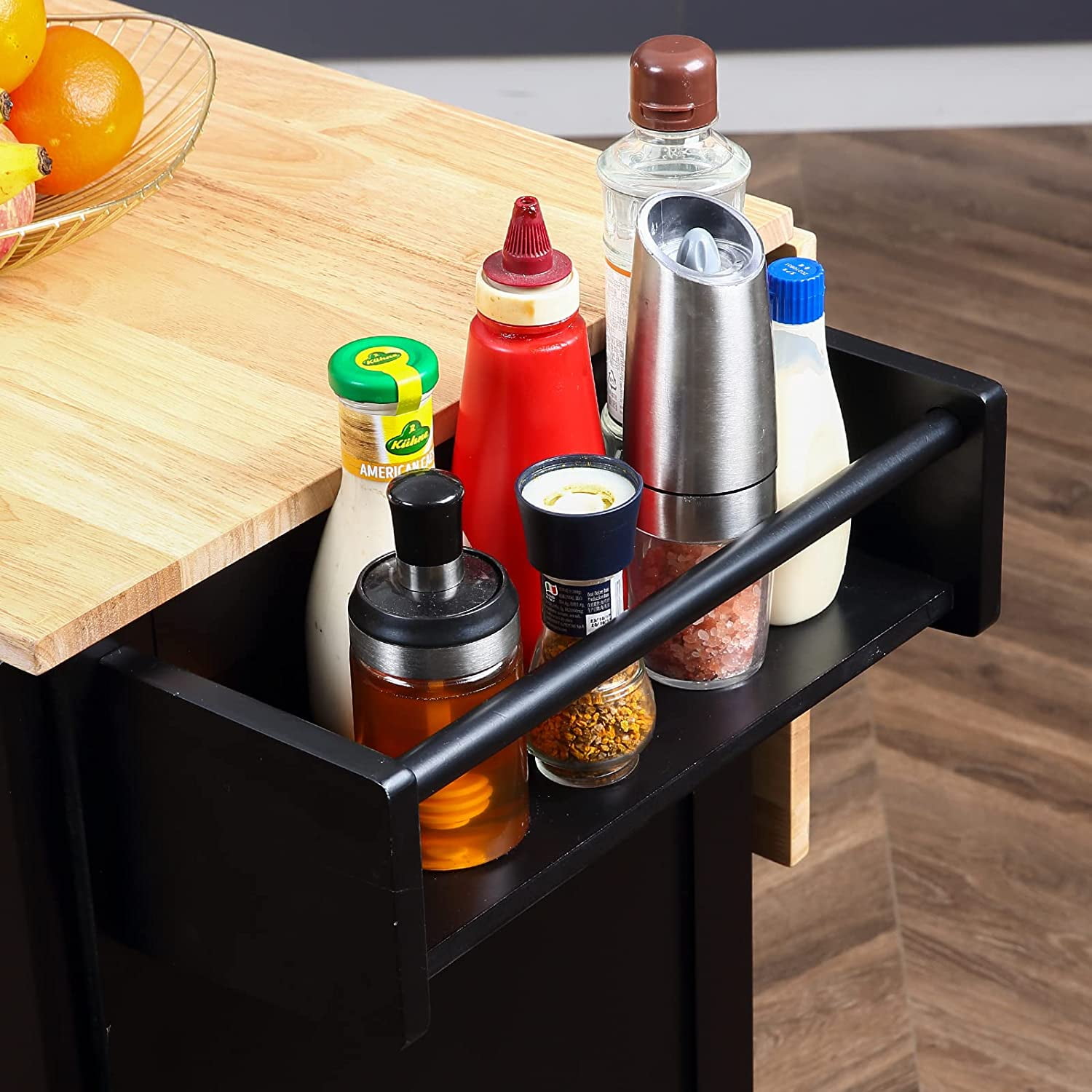 Homrest Kitchen Cart Rolling Mobile Island with Wooden Countertop, Adjustable Shelves and Drawers, Black