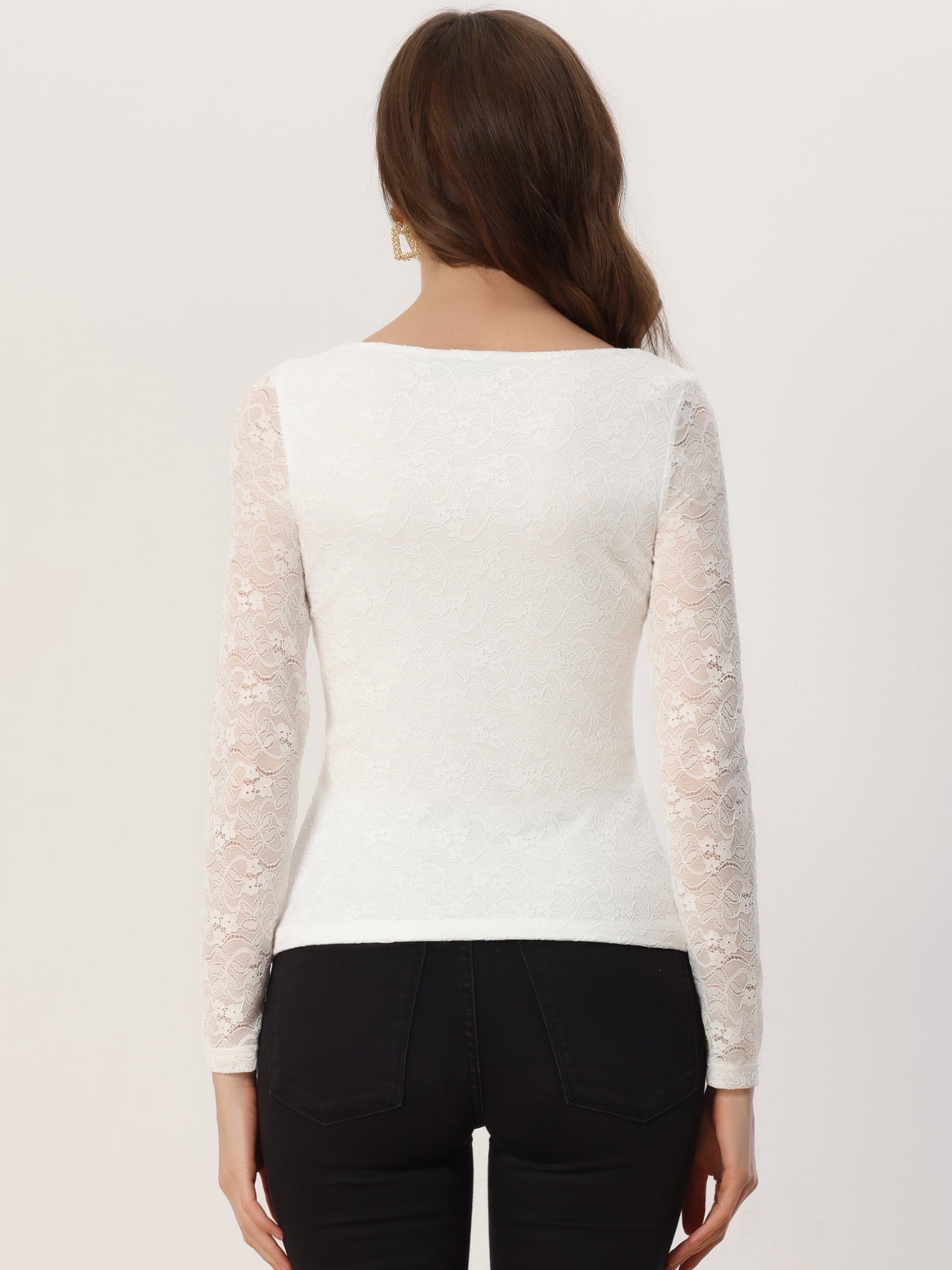 Lace Blouse for Women's Sweetheart Neck Long Sleeves Elegant Tops XL White