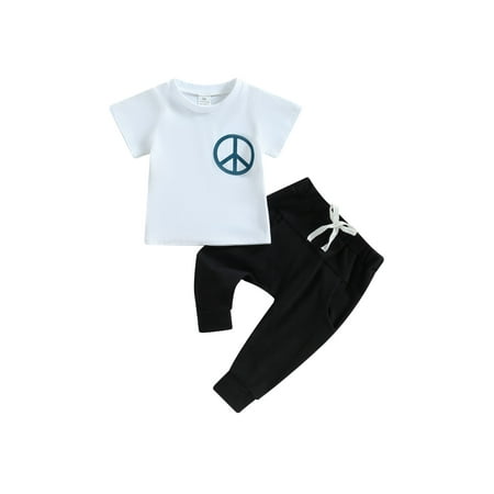 

2Pcs Baby Boy Summer Outfits Short Sleeve Round Neck Graphic Tops + Pocket Pants Set