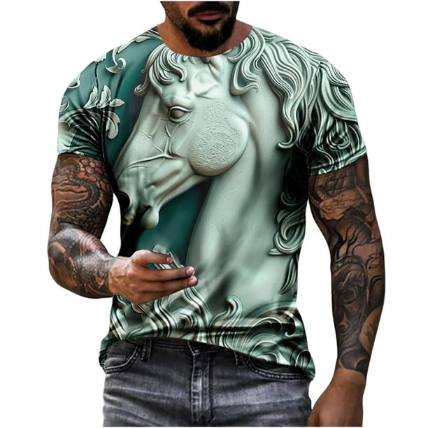 Camisetas de Manga Larga de los Hombres Relief Steed Impresión Gráfica Tee, Sudadera de Cuello de la Tripulación Casual para Al Aire Libre, Vacaciones Y Uso Diario