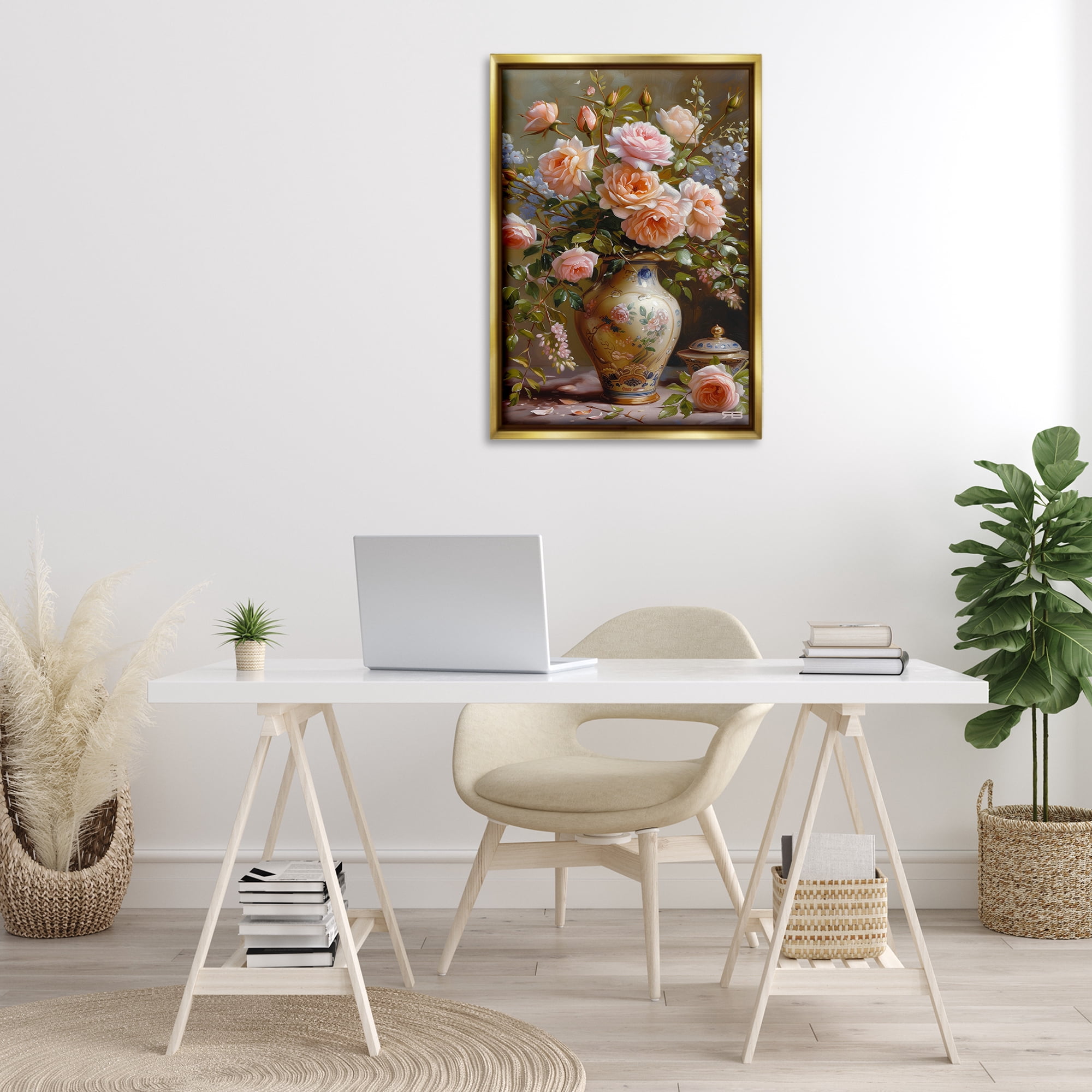 Stupell Industries Roses in Traditional Vase Botanical & Floral Painting Gold Floater Framed Art Print Wall Art, 21 x 31