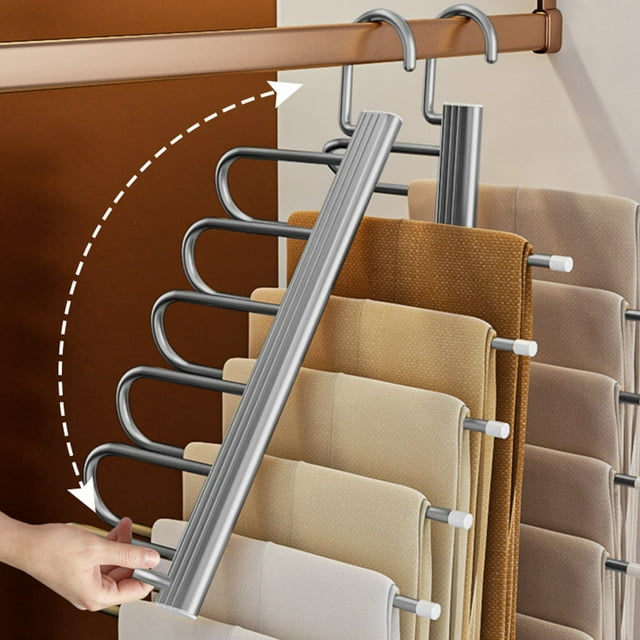 Seasonal Savings,Multi-Functional Stainless Steel Folding Trouser Rack, Multi-Layer Storage, Telescopic Folding Hanger, Horizontal and Vertical Hanging Options, | Aluminum Alloy, Gray-181 $BS$3