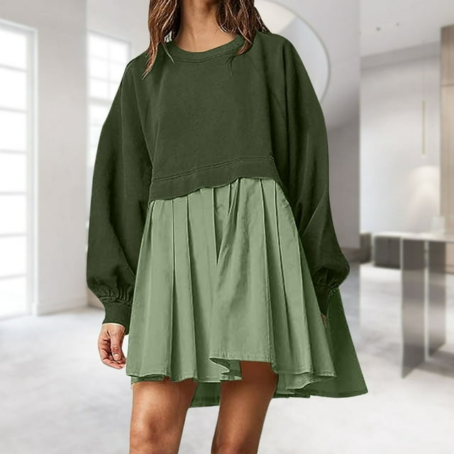Robe à Col Rond Froncée pour Femmes Pull Décontracté Quotidien pour les Trajets (Vert Armée S)