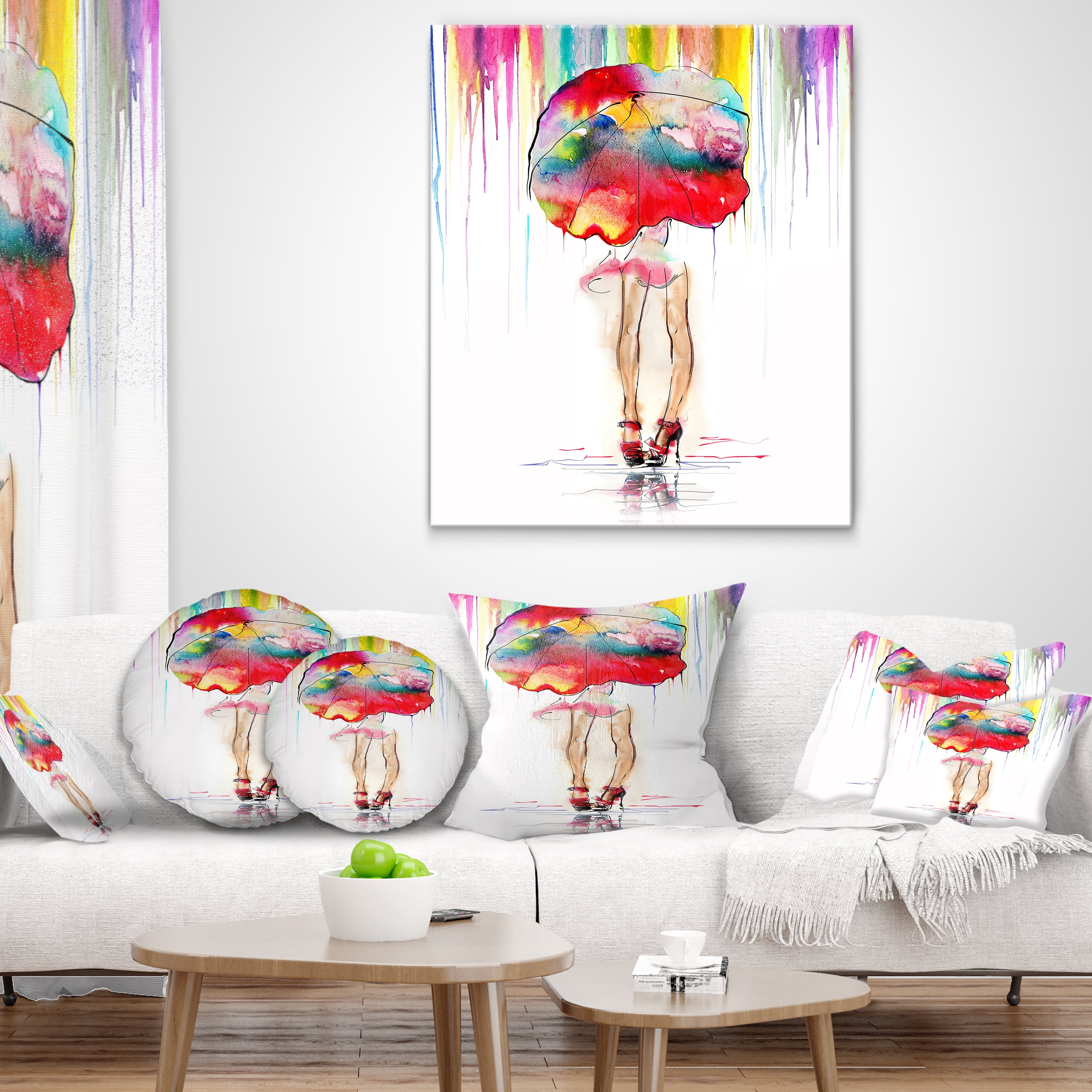 Designart Girl with Red Umbrella - Digital Art Portrait Throw Pillow - 16x16