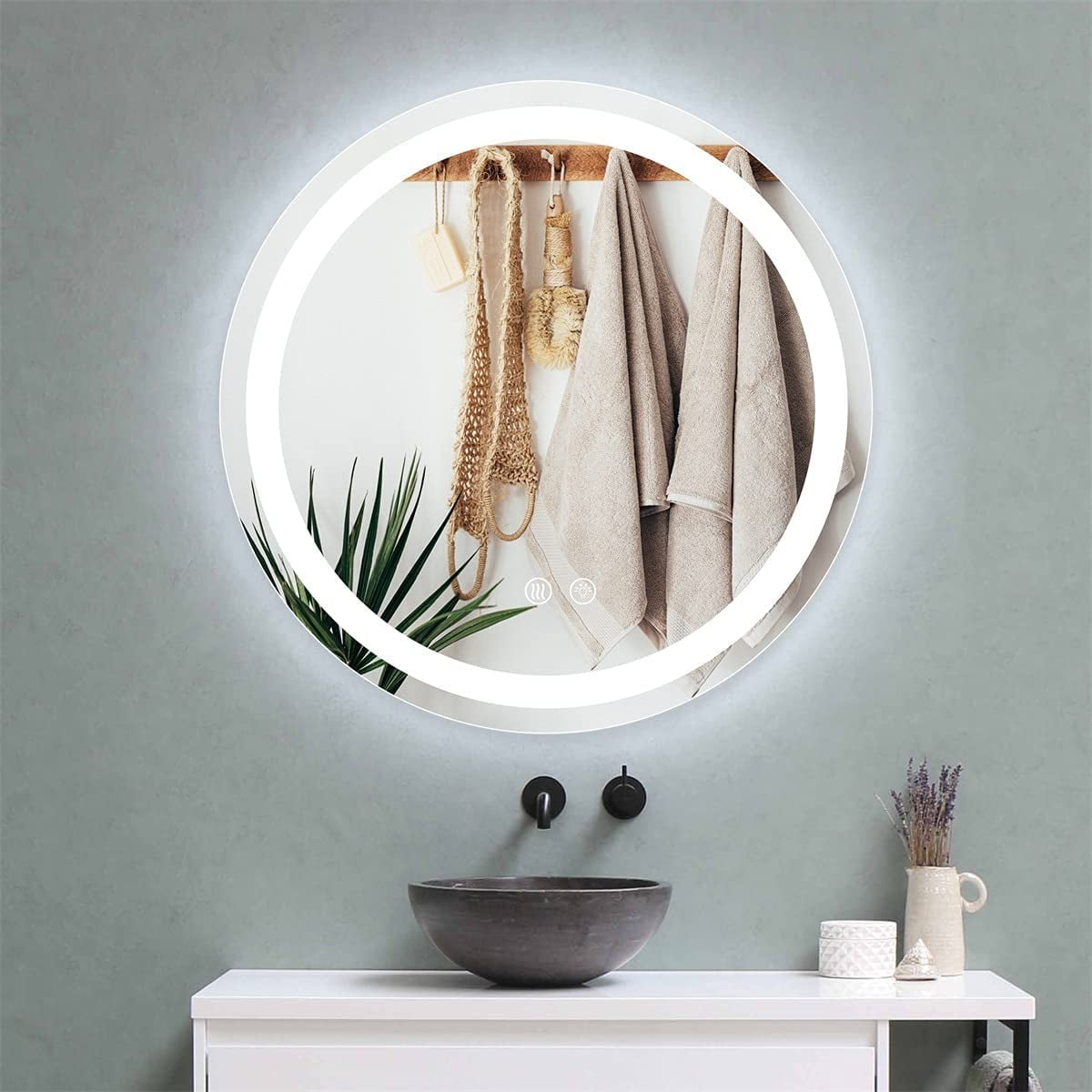 ELLO&ALLO 24 in. W x 24 in. H Single Frameless Round LED Light Bathroom Wall Vanity Mirror with Shelf, Clear