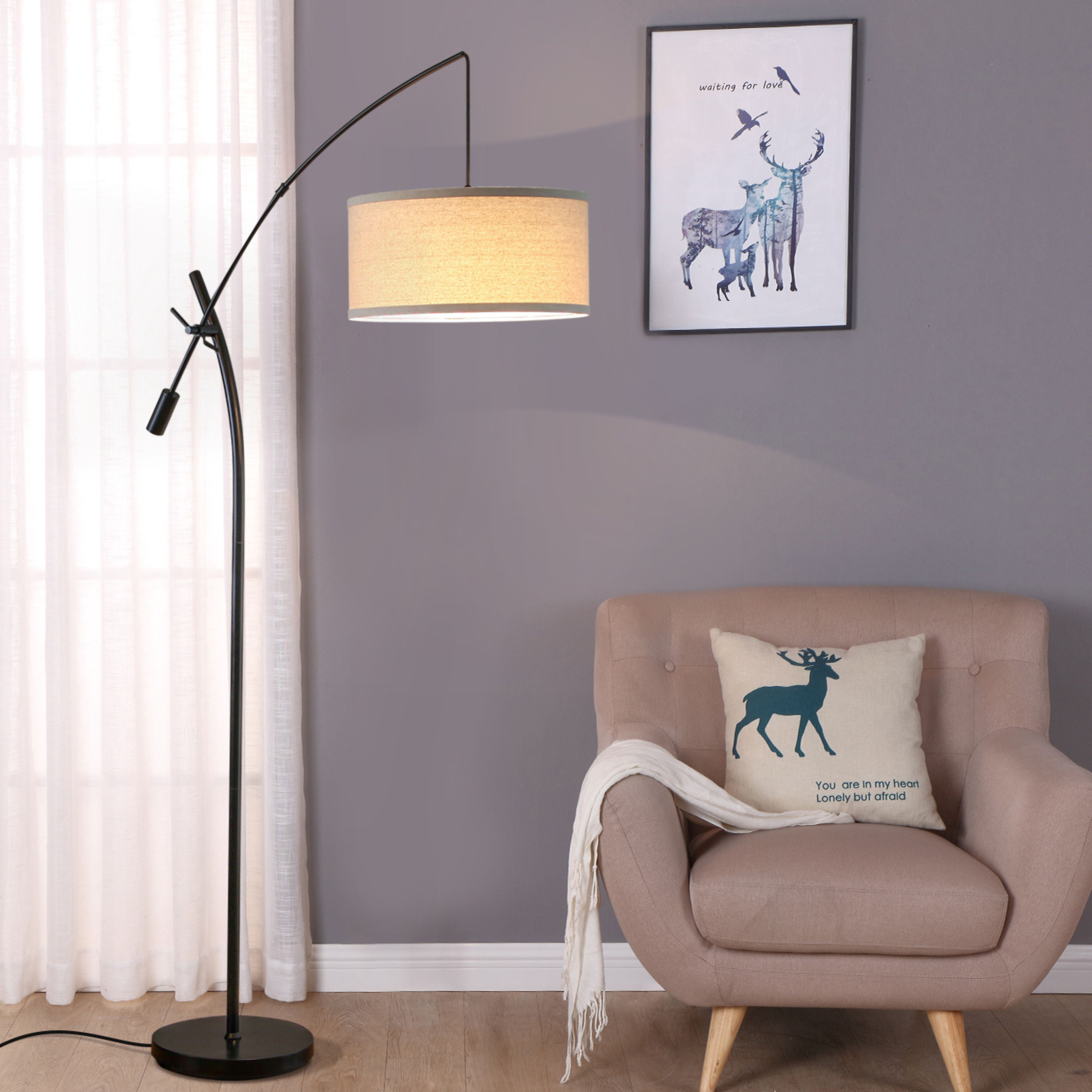 Brightech Grayson 84 in. Classic Black Mid-Century Modern 1-Light Height Adjustable LED Floor Lamp with Beige Fabric Drum Shade