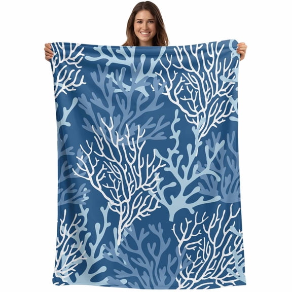 Flannel Fleece Throw Blanket Ocean Blue Coral Seamless Lightweight Soft Plush Blankets,Sea Coastal Nautical Theme Cozy Warm Throw Blanket for Couch Sofa Bed Car Office All Season Use 40x50in