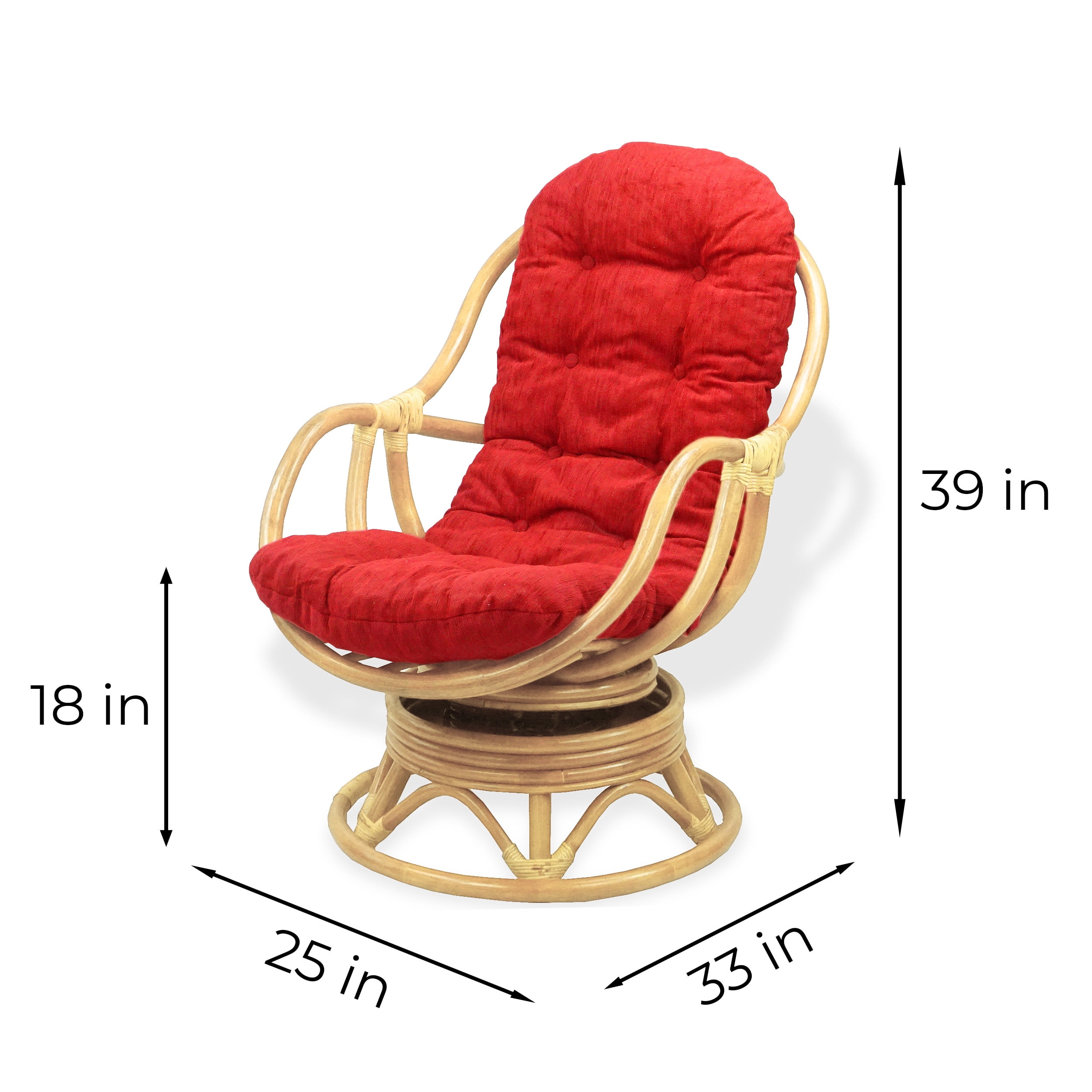 Bali Lounge Swivel Rocking Chair with Burgundy Cushion Natural Rattan Wicker Handmade, Natural Color