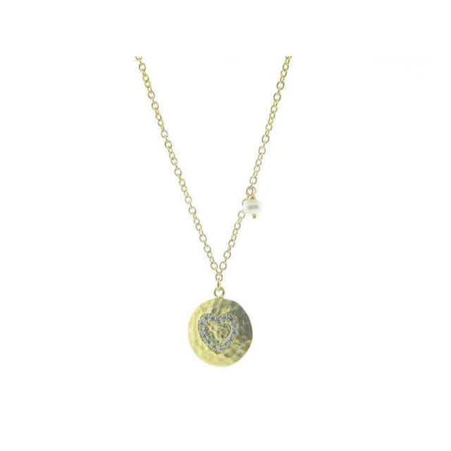 Fronay Collection Argent Plaqué Or Marteau Look 15 mm Disque CZ Silouette Coeur & Collier de Perles, 16 Plus 2 Po.