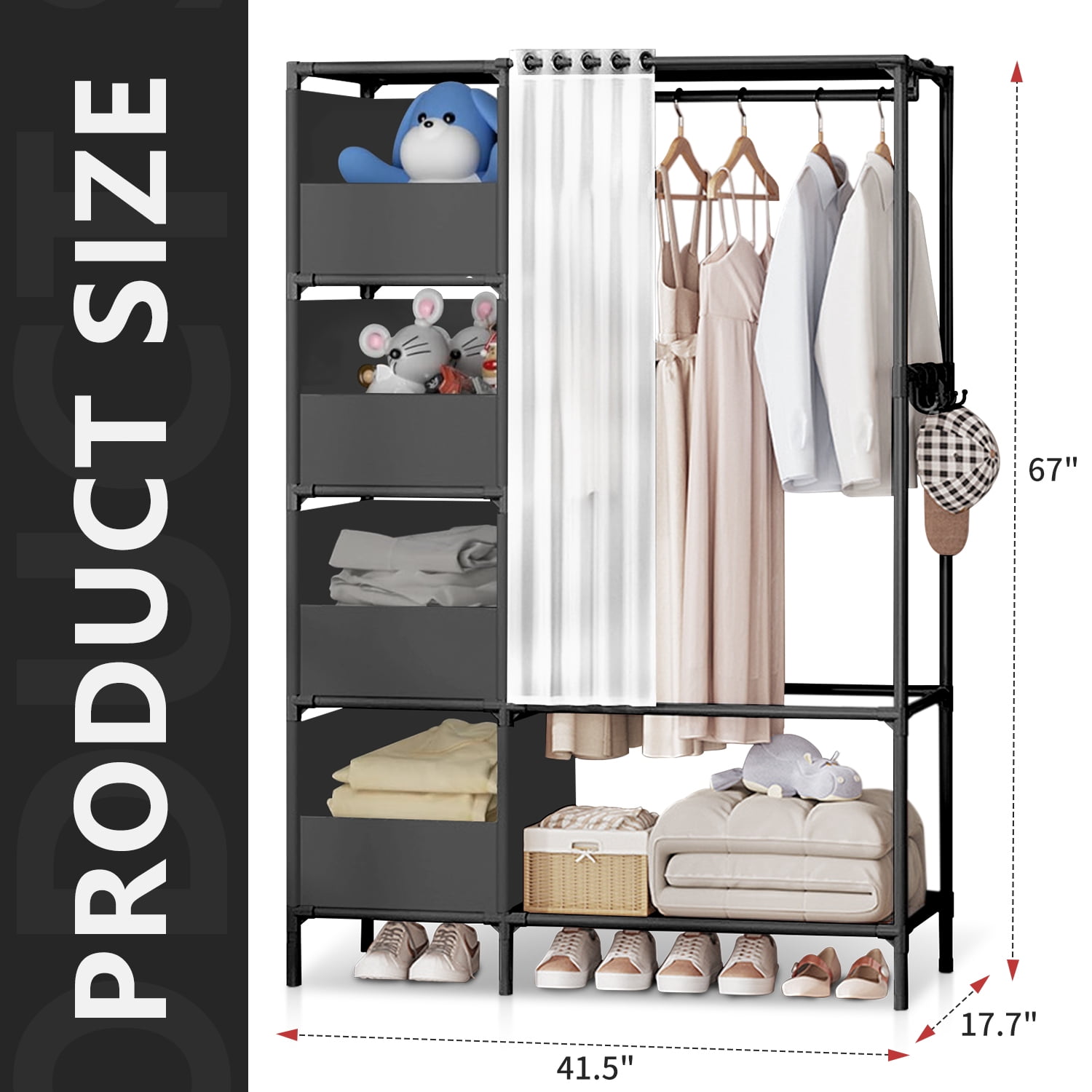 Portable Closet, Brochao Portable Wardrobe with 4 Storage Closet, Clothes Storage Cabinet with Curtain, for Living Room, Bedroom, Clothes Room, Black