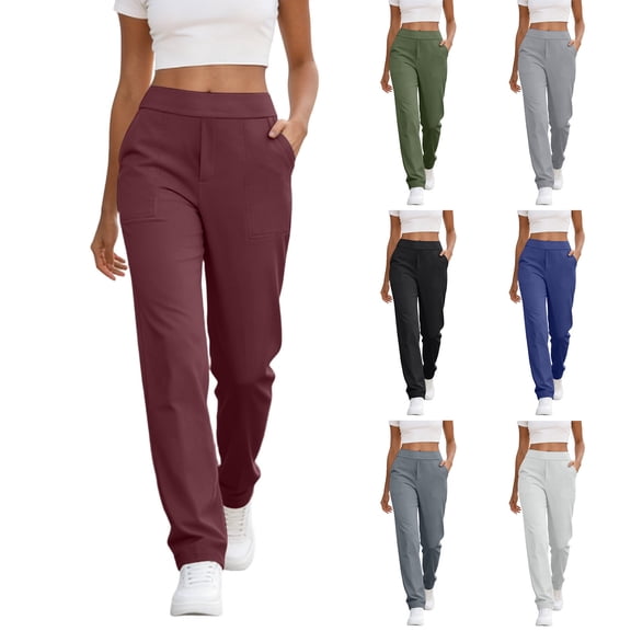 Wiyuqeen Women's High Rise Straight Leg Pants Stretchy Pull-On Work Pants Solid Casual Yoga Outdoor Pants with Pocket Wine S