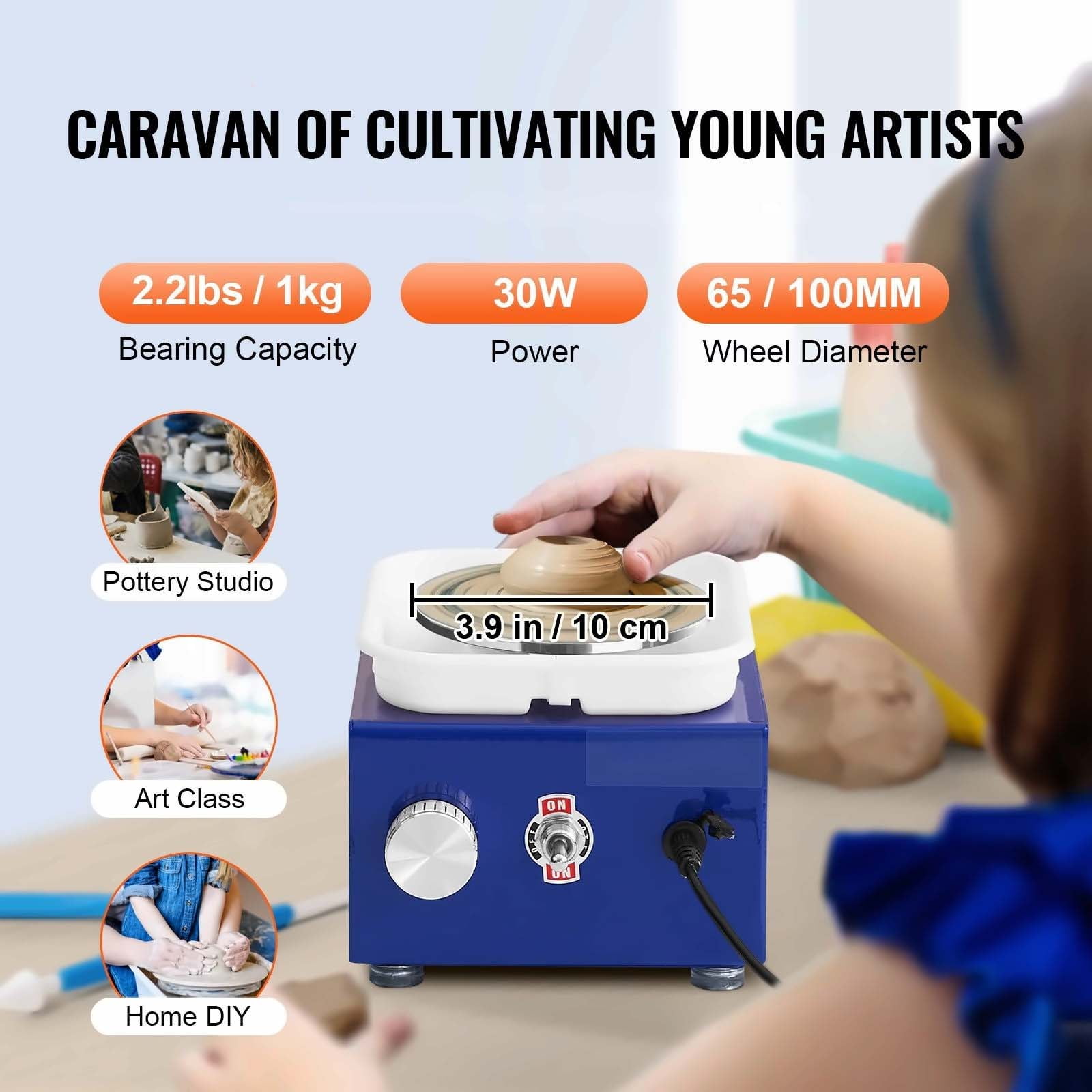 Mini Pottery Wheel for Kids & Beginners - 2 Turntables, Adjustable Speed, 17 Accessories - 2.6/3.9in Ceramic Wheel Machine, 30W, Blue