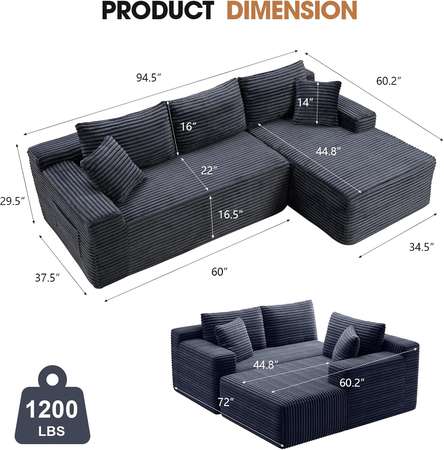MOONMISS L-Shaped Cloud Sectional Couch with Chaise,Modern Corduroy Upholstered Modular Boneless Sofa,No Assembly for Living Room Apartment(Gray,Right)