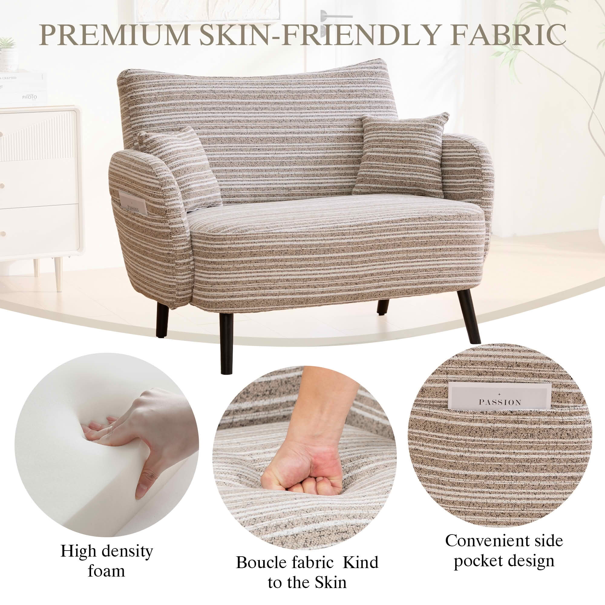 MAYEERTY Modern 2-Seat Deep Seat Loveseat, Fabric Couch with Storage Pockets & Arm Pillows for Small Apartment Bedroom