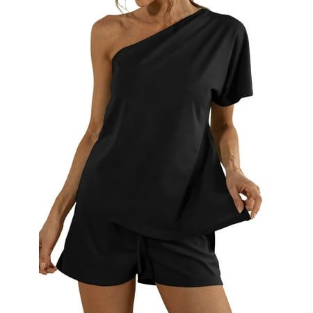 

HUBERY Women Solid Color Oblique Shoulder Side Slit Drawstring Sleepwear Set