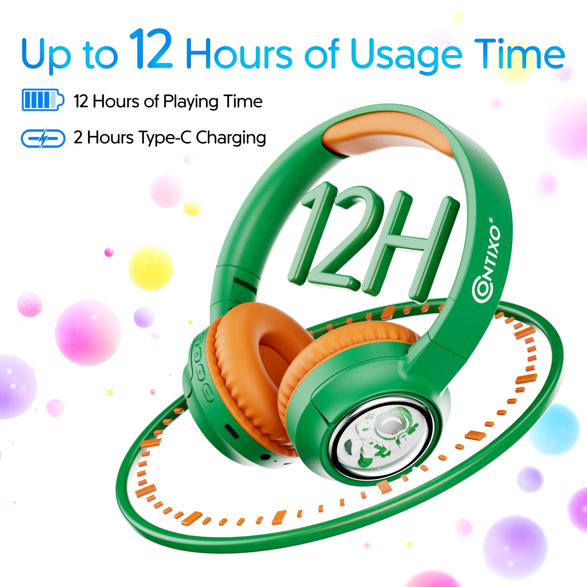 Contixo Foldable Kids Headphones with Microphone, Noise-Limiting Bluetooth Headphones, Green