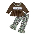 thumbnail image 3 of Pandaie 3-7Y Baby Girl Clothes Toddler Fall Winter Outfits Long Sleeve Ruffle Shirt Tops Camo Flare Pants Clothing Set Coffee 2-3 Years, 3 of 4