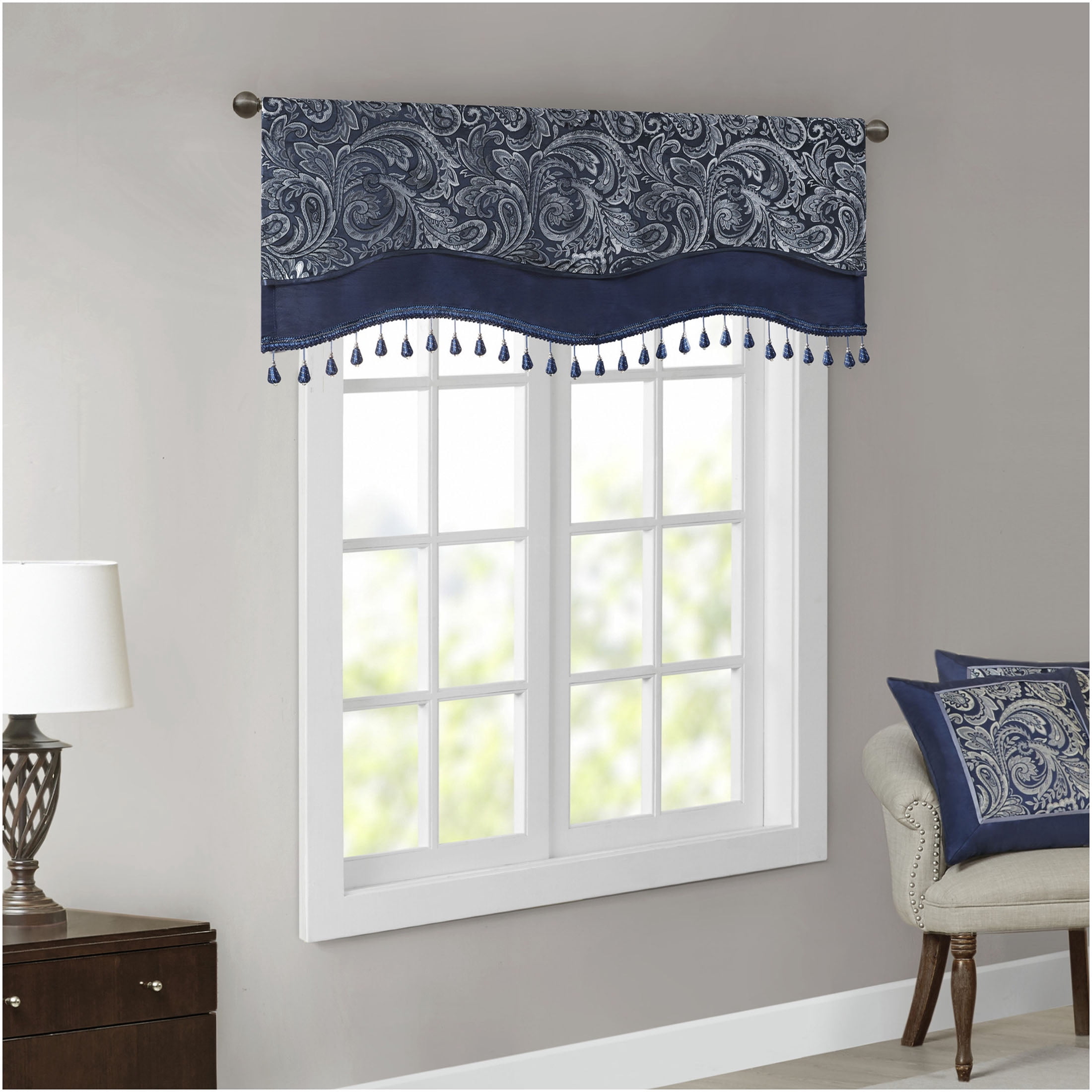 JERFIT Navy Blue Jacquard Valance with Beaded Trim, 50x18 Inch Paisley Window Curtain Valance for Rod Pocket, OEKO-TEX Certified Polyester