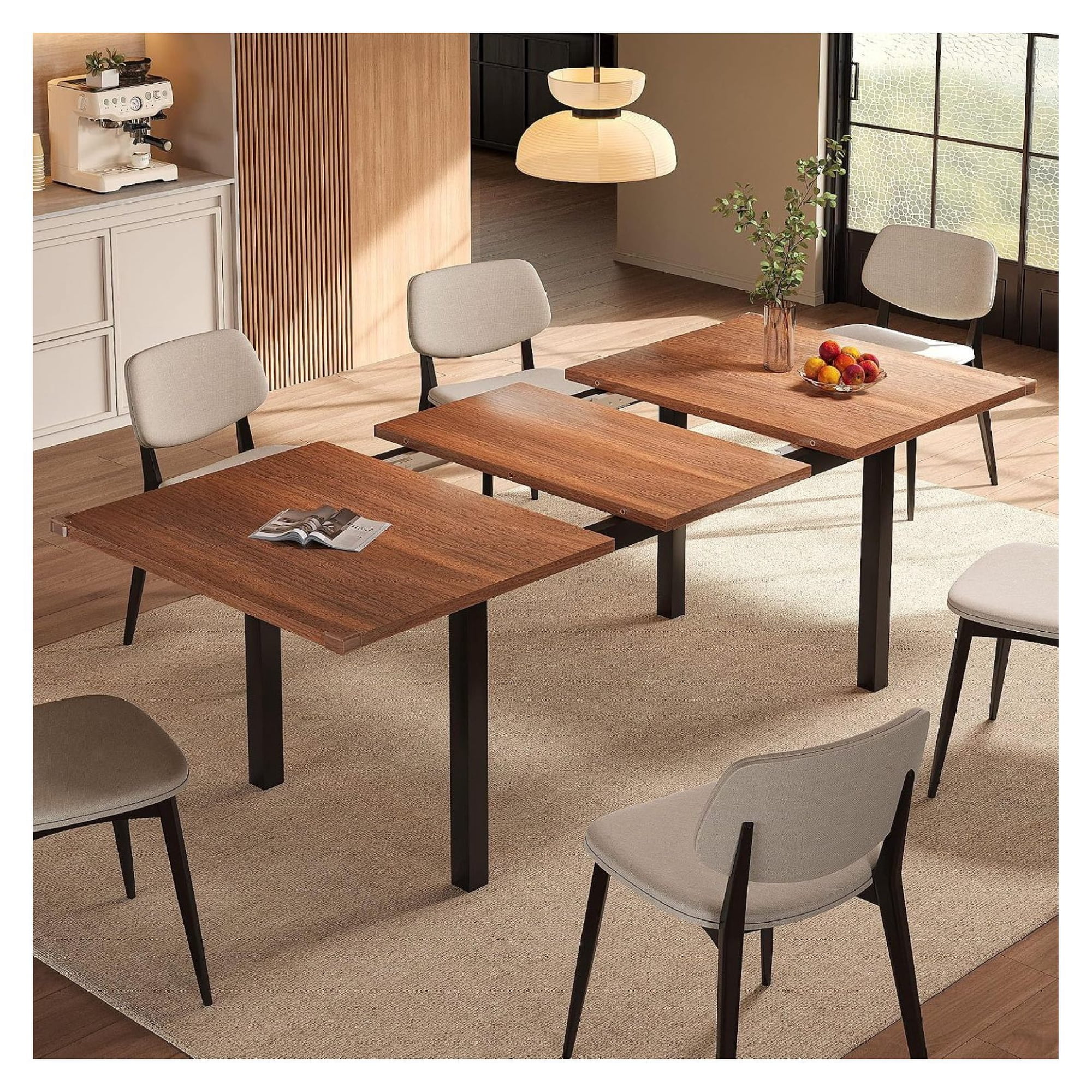 Extendable Dining Table for 4-6 63 Modern Kitchen Table Farmhouse Dining Room Tables for Dining Kitchen Office Living Room Rectangular Wooden Tables Space Saving (Walnut)
