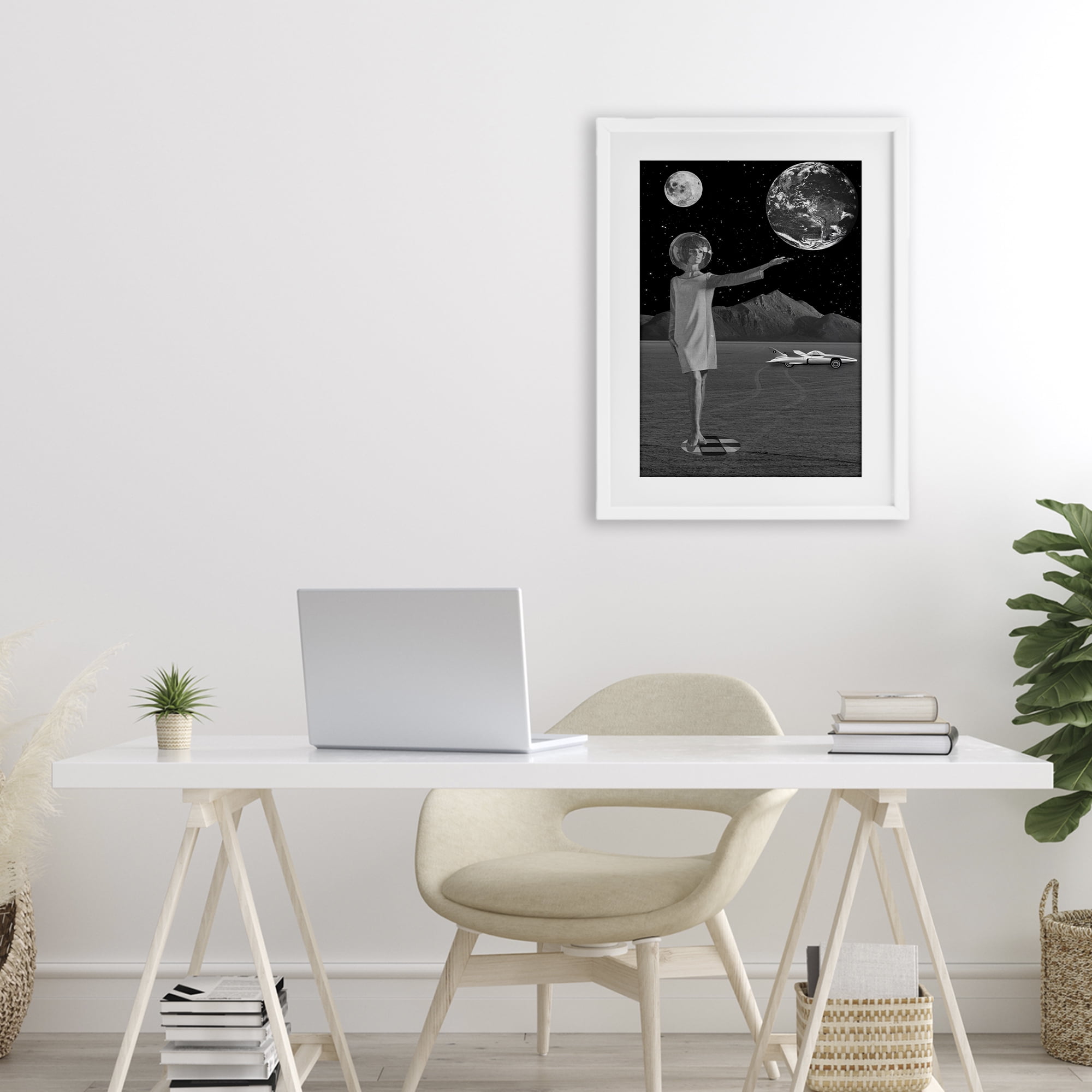 On A Mission Retro Space White Framed Print Under Glass, design by Elo Marc