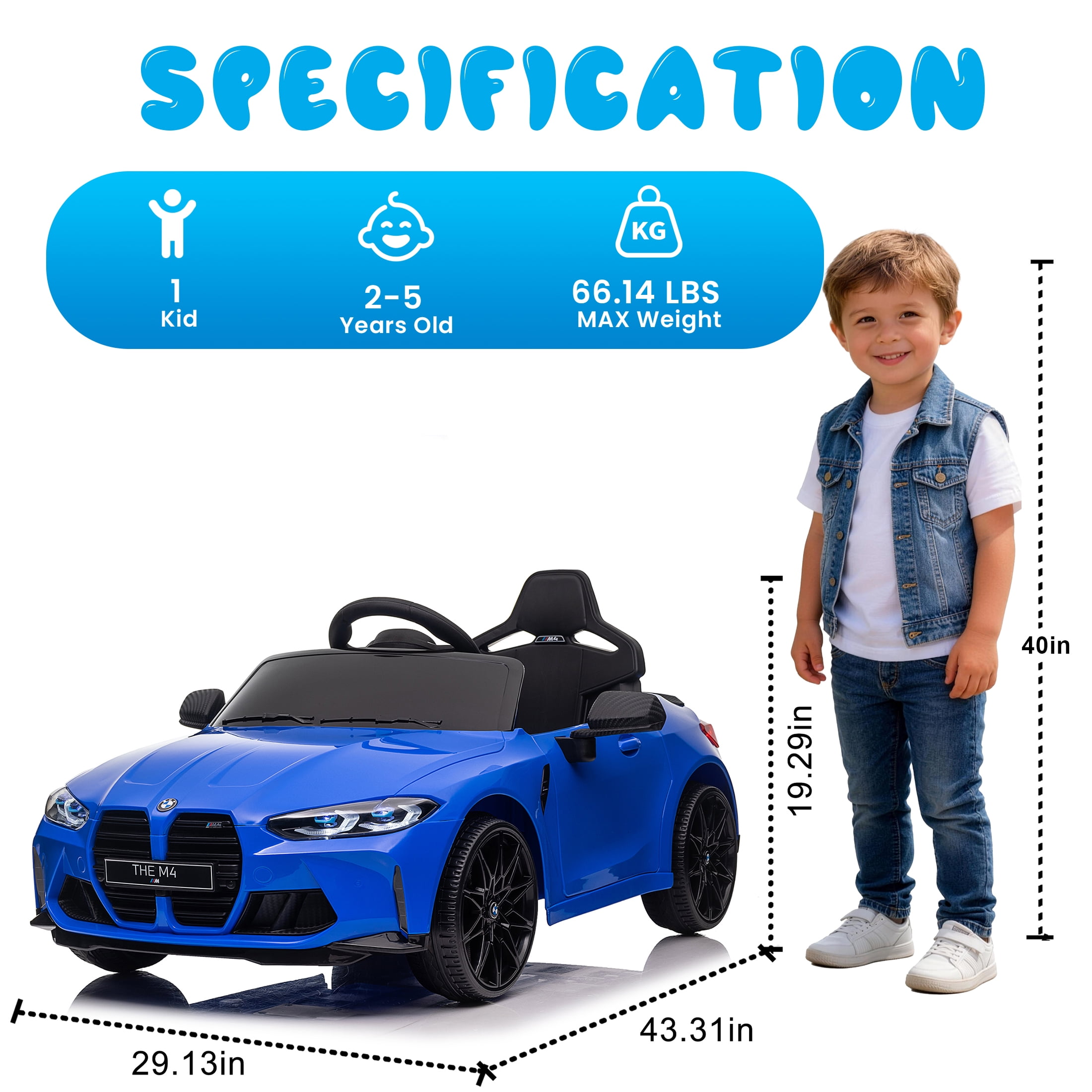 BMW M4 12V Kids Ride On Toy Car with Parents Remote, Electric Car with USB/MP3, Bluetooth, LED Light, Toddler Car with A Handle with Wheels and A Pull, Easy to Carry, Gift for Boys Girls 2-5, Blue