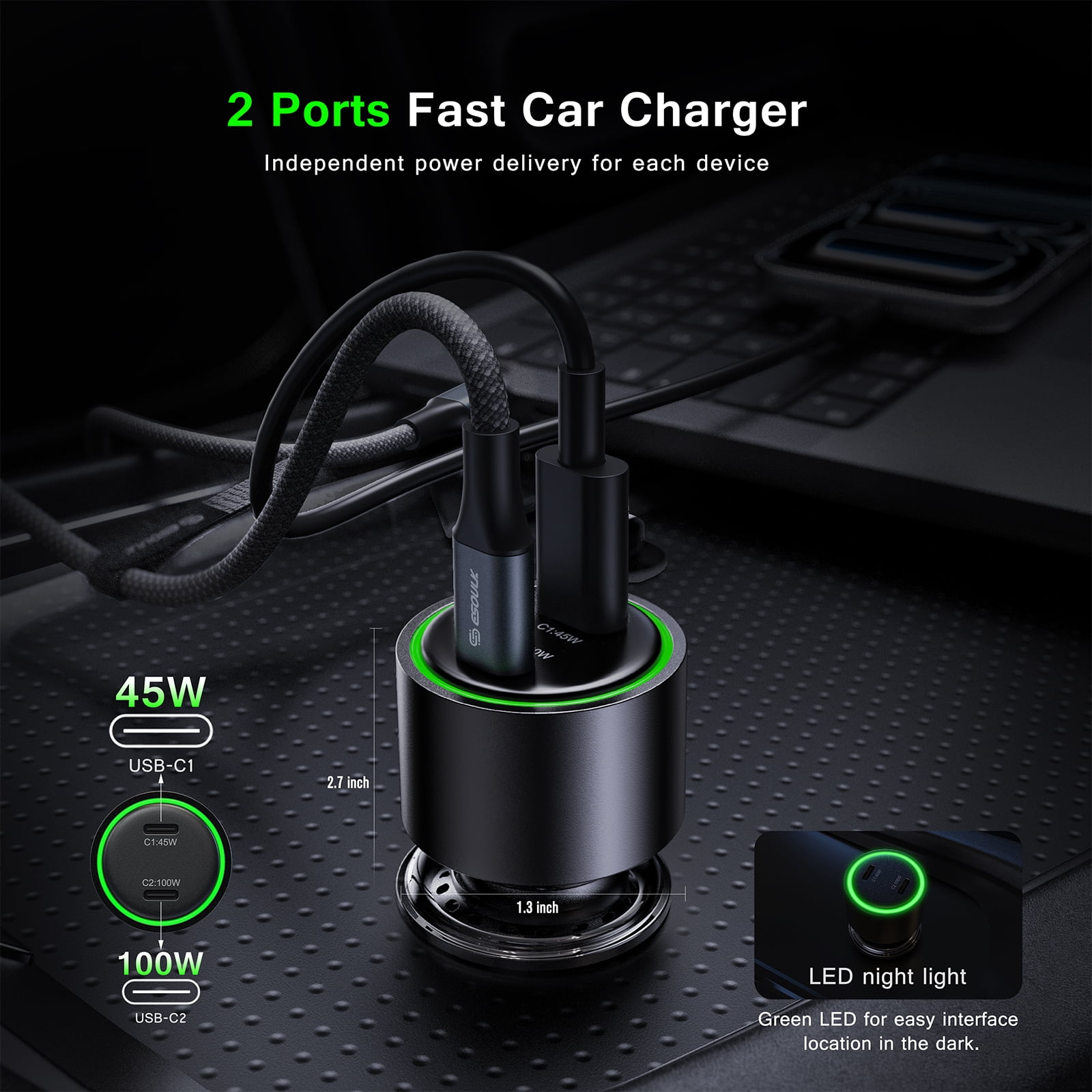 Esoulk 145W Fast Charging Car Charger For Macbook, Laptop, Tablet, Samsung S26 Ultra iPhone 17 Pro Max with 6' 100W USB-C