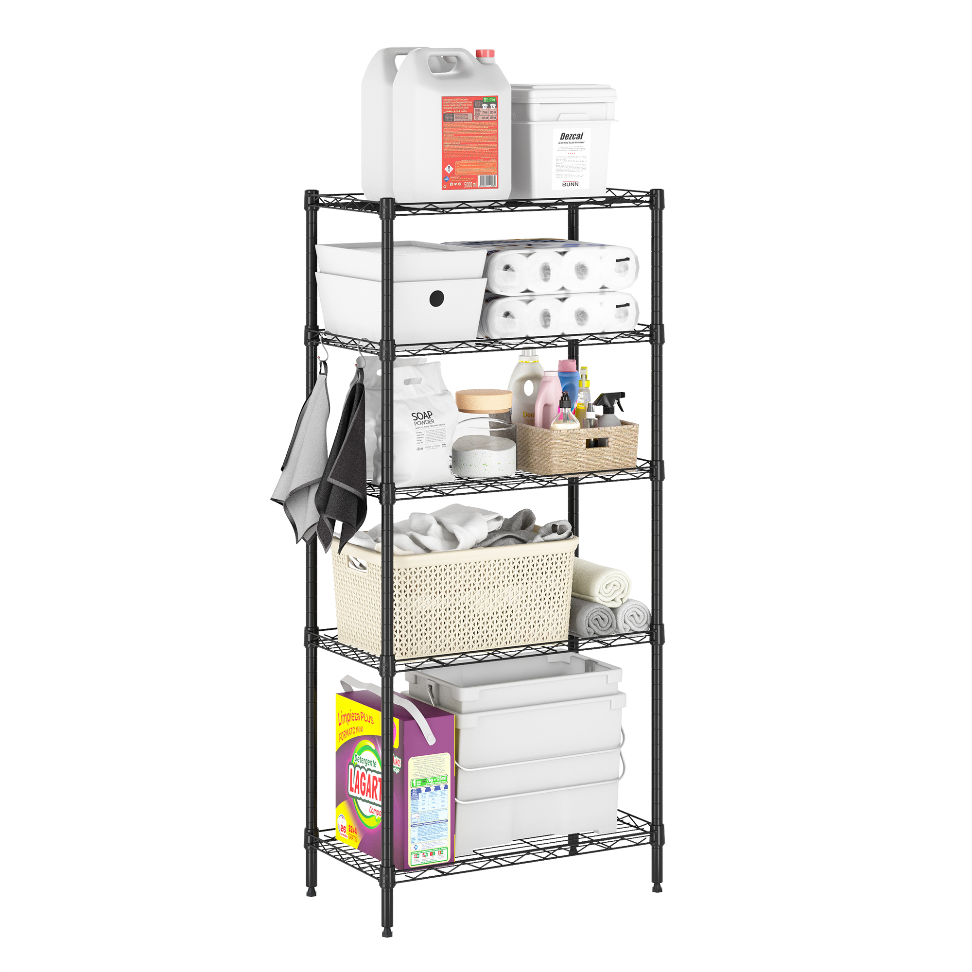 Furinno Wayar 5-Tier Metal Storage Shelf Rack, 21 x 12 x 48, Black