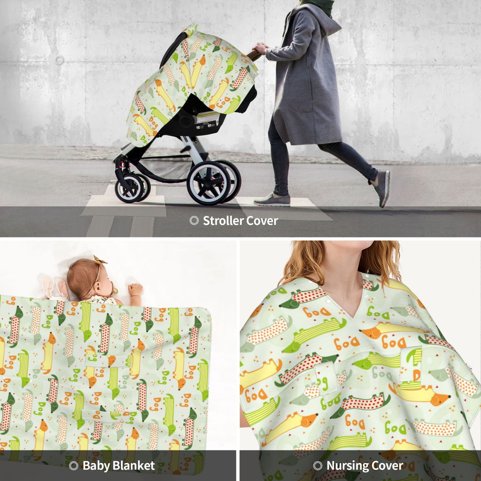 Car Seat Cover Baby - Dachshund Dog Puppy Green Orange Breathable Infant Car Seat Cover for Baby Carseat, Lightweight Comfort Baby Essentials Must Haves Newborn Stuff for Girl Boy