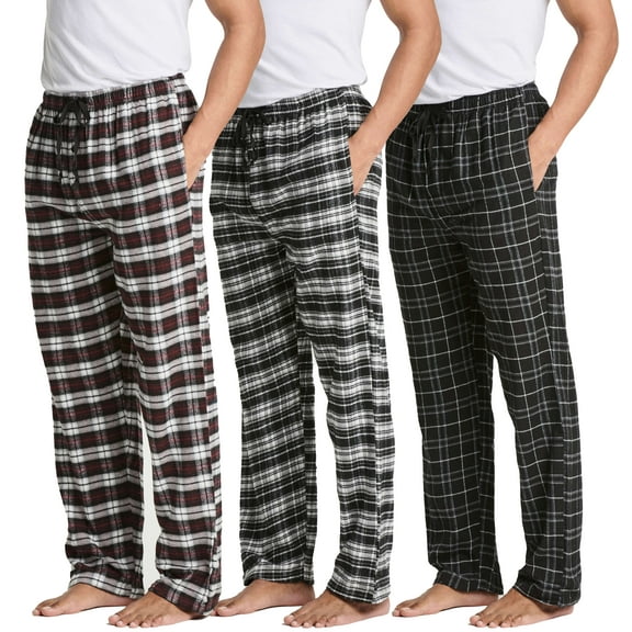 Real Essentials 3 Pack: Men's Pajama Pants - Knit Cotton Flannel Plaid Lounge Bottoms- Button Fly (Available In Big & Tall)