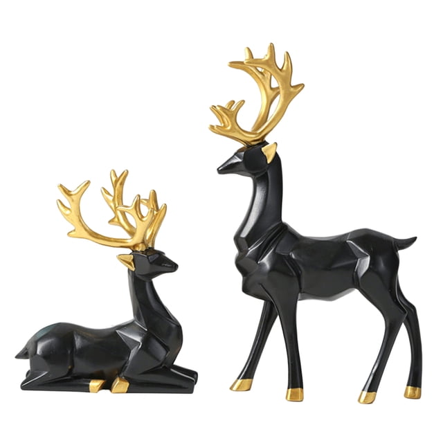 2 figuras de ciervo de resina de estilo nórdico para mueble de TV de aniversario y escritorio. Negro